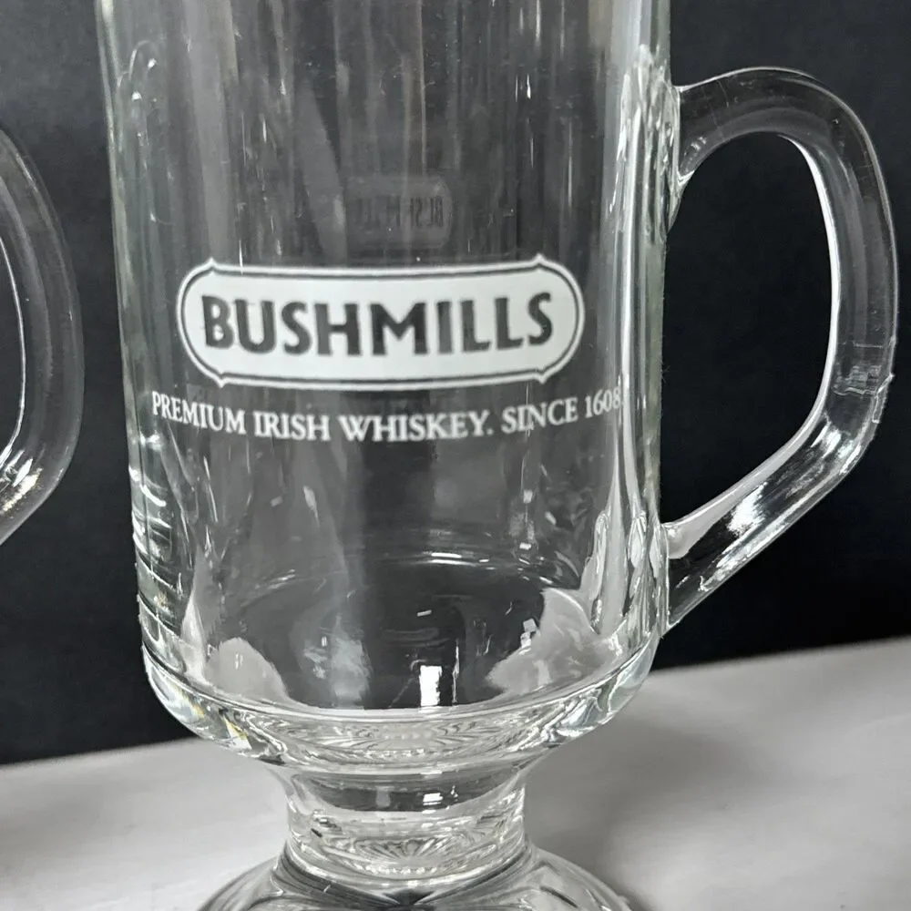 2 Old Bushmills Irish Whiskey Irish Coffee glass Mug Cups With Pedestal Etched